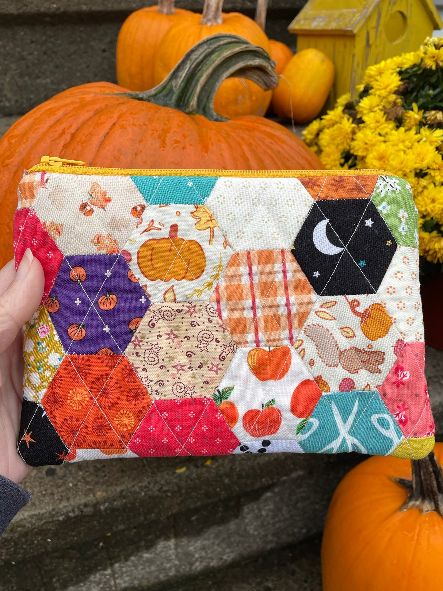 Hand Pieced Quilted Zipper Pouch Fall Farmhouse