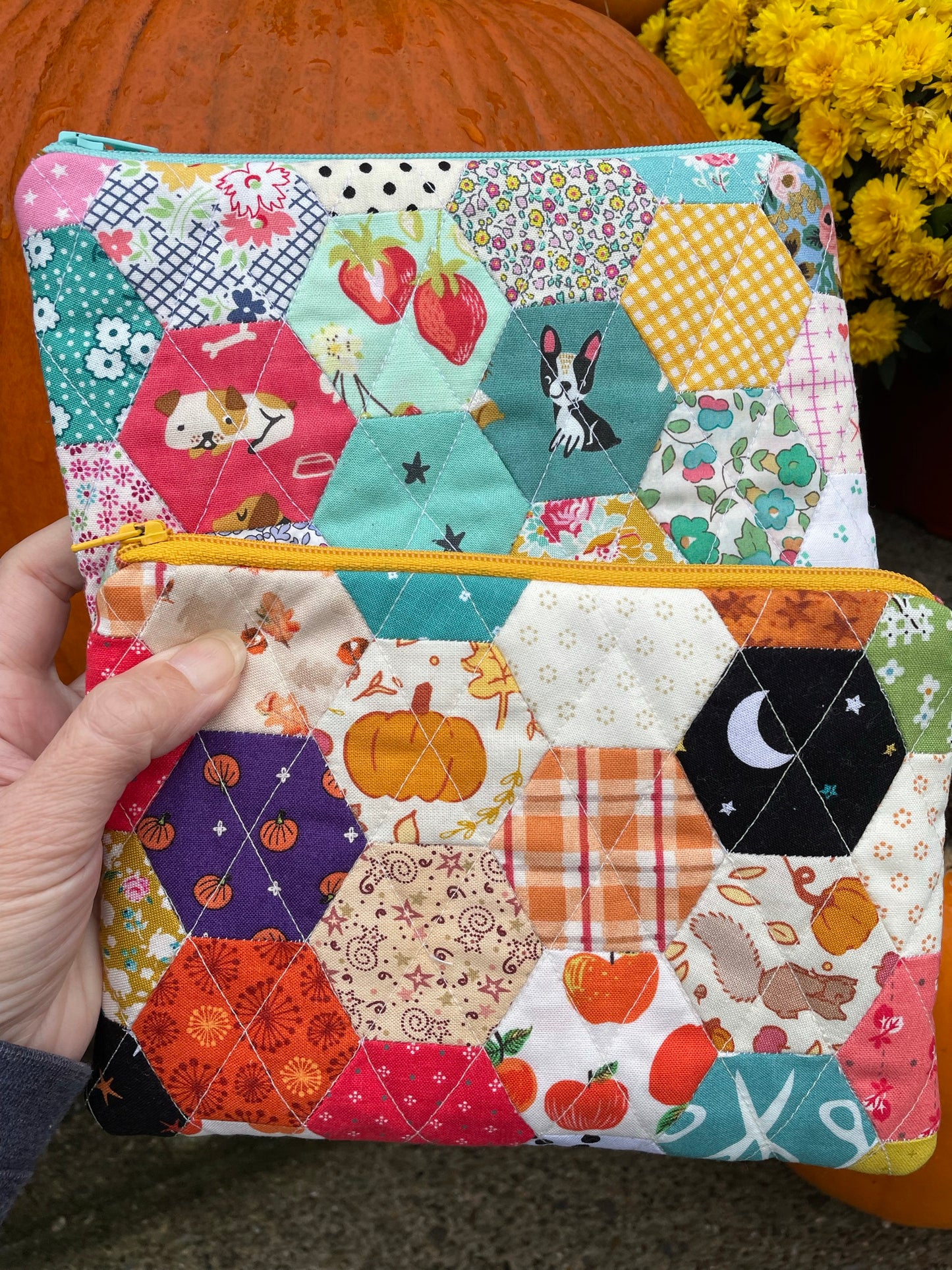 Hand Pieced Quilted Zipper Pouch Fall Farmhouse