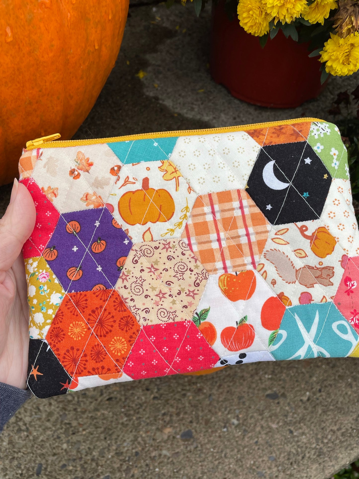 Hand Pieced Quilted Zipper Pouch Fall Farmhouse