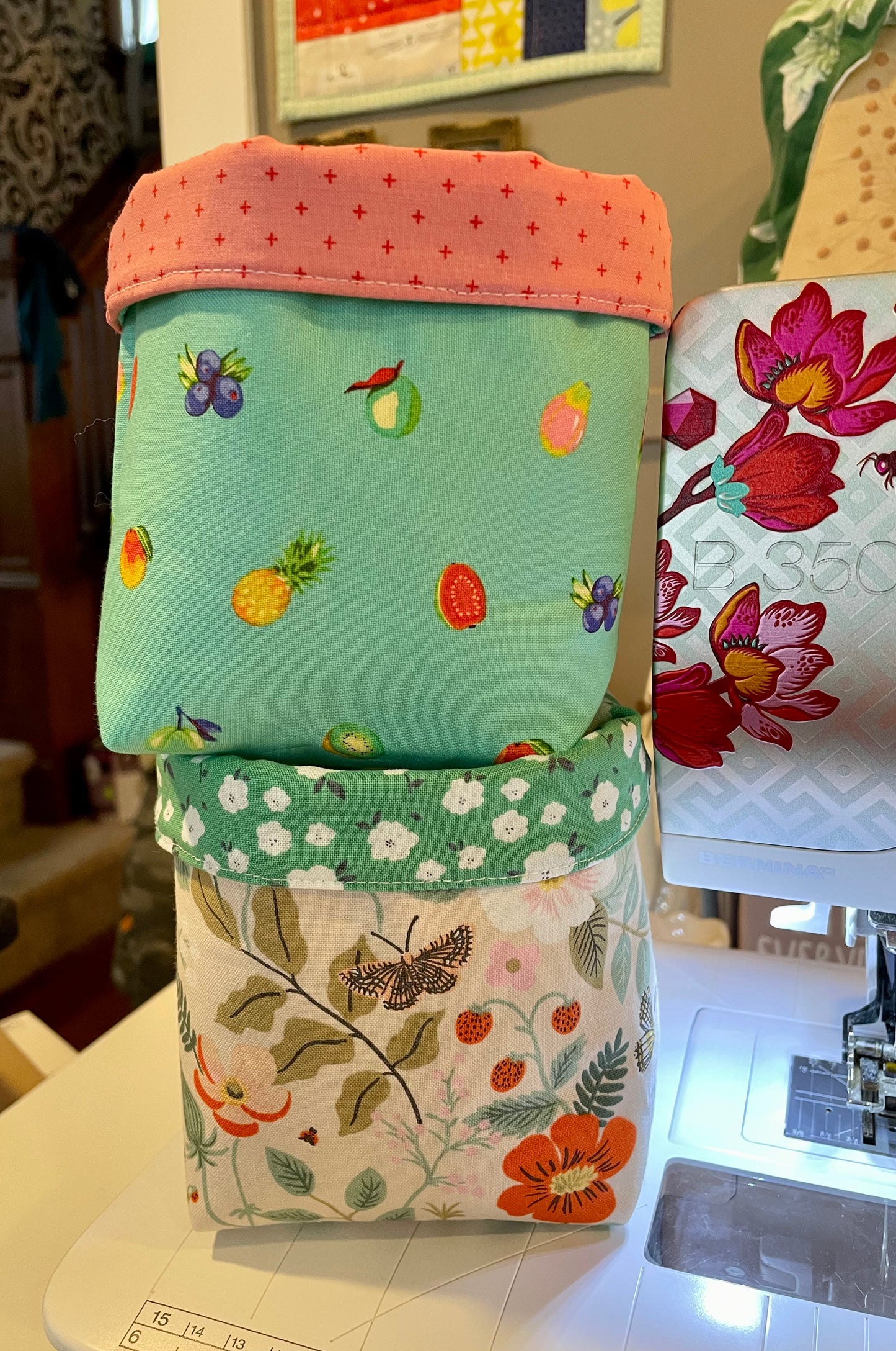 Strawberries and Floral Fabric Bucket
