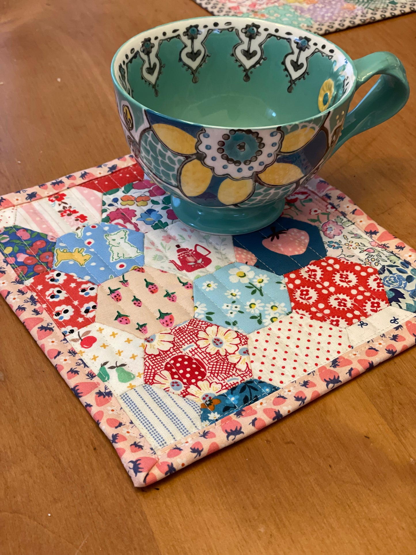 Dog and Strawberries Hand Pieced Table Mat