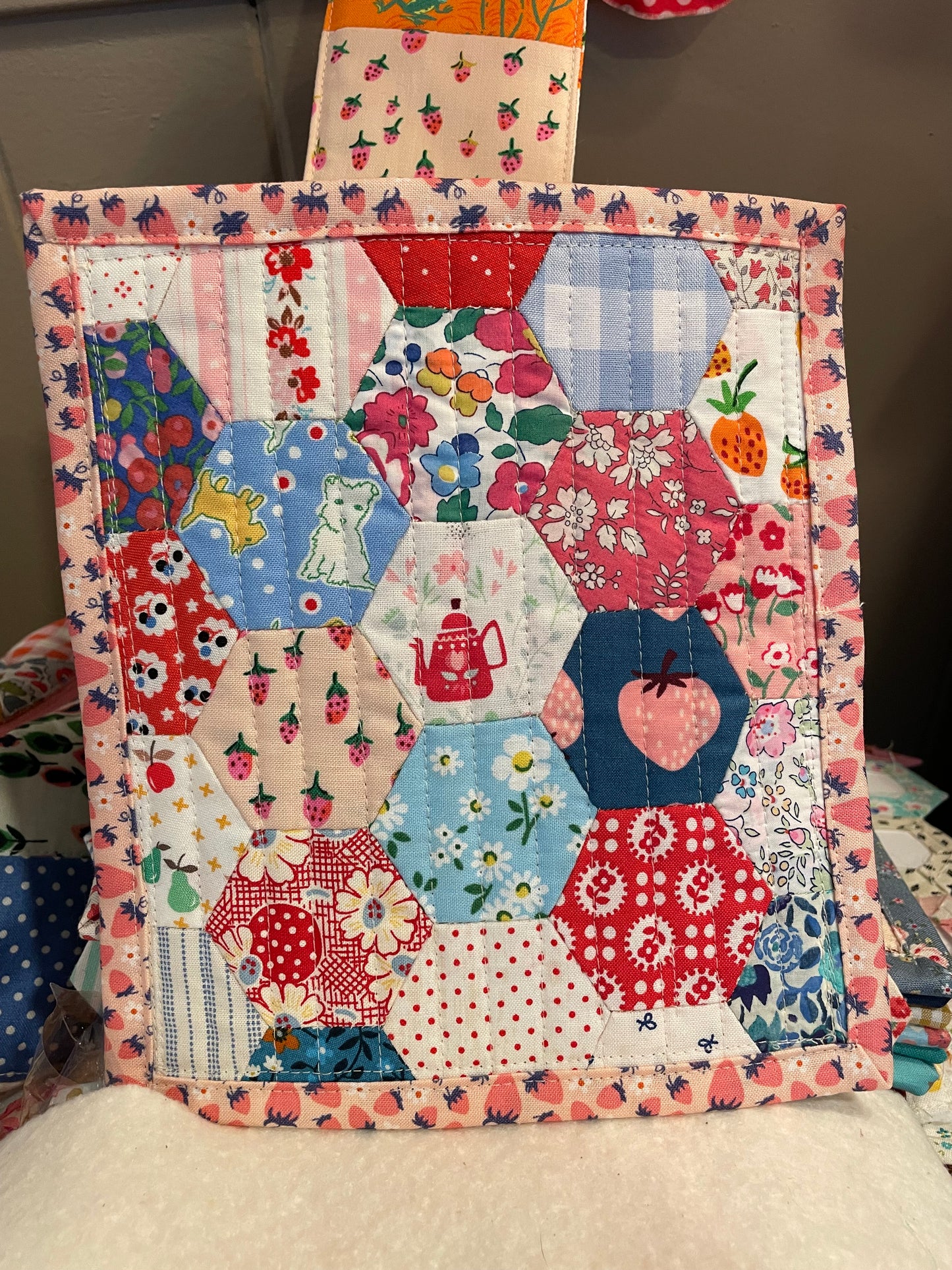 Dog and Strawberries Hand Pieced Table Mat