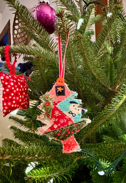 Handmade Christmas Tree Ornament Dog and Flowers.