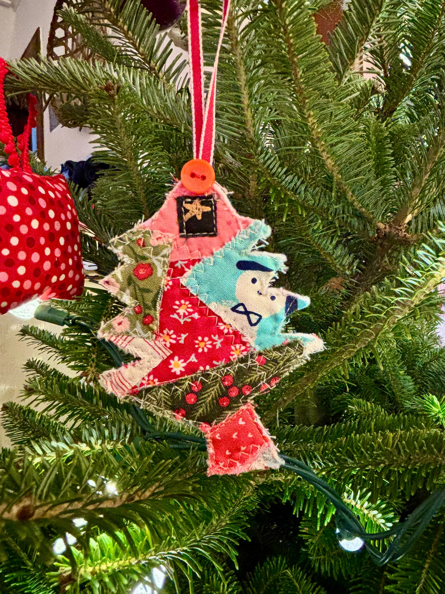 Handmade Christmas Tree Ornament Dog and Flowers.