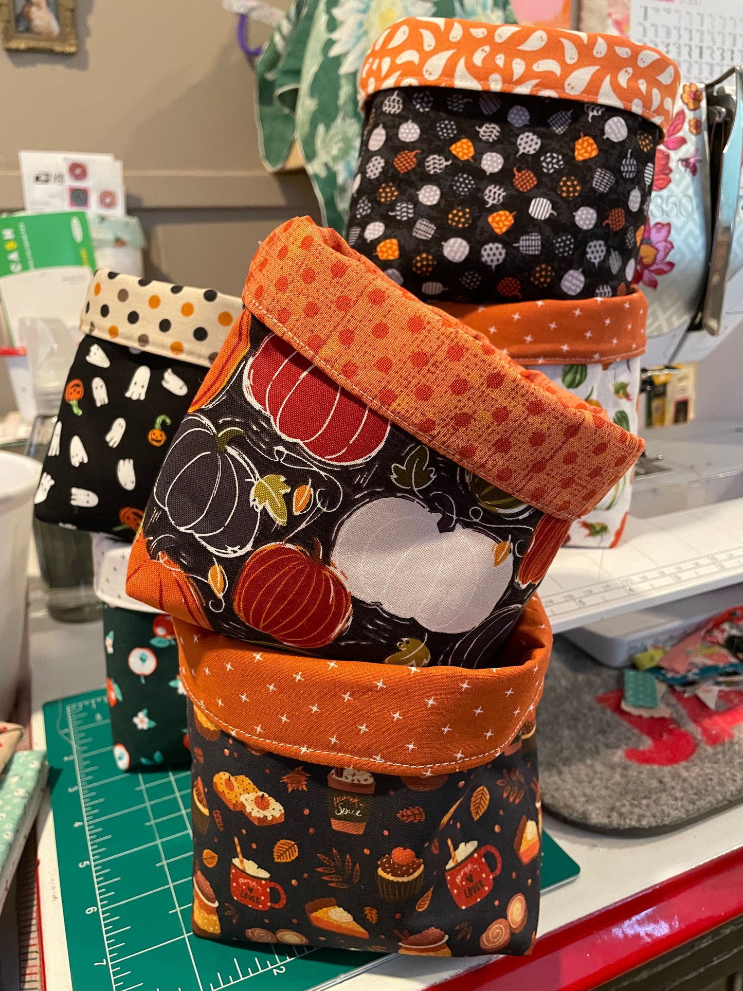 Halloween fabric bucket ghosts and pumpkins