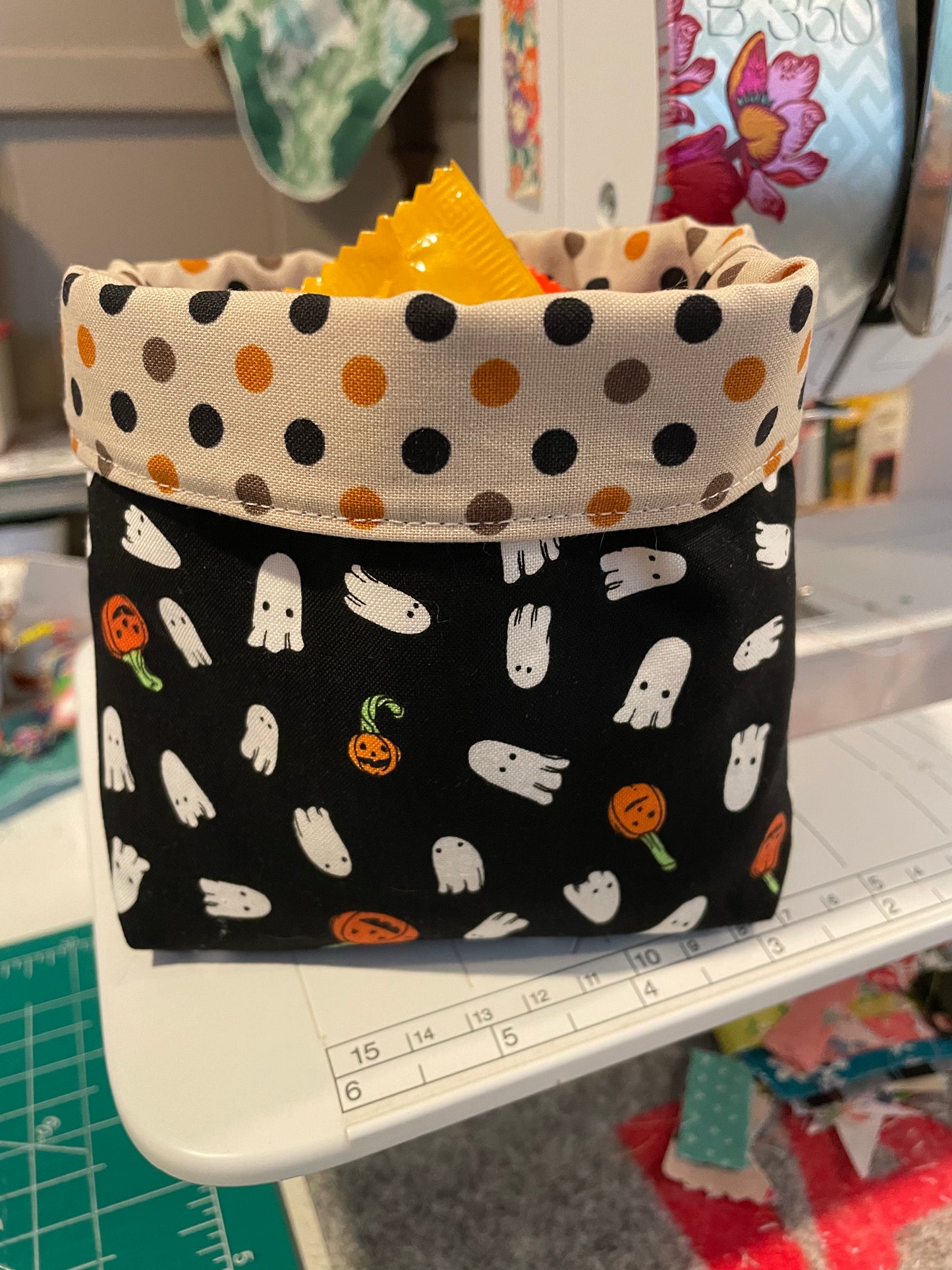 Halloween fabric bucket ghosts and pumpkins