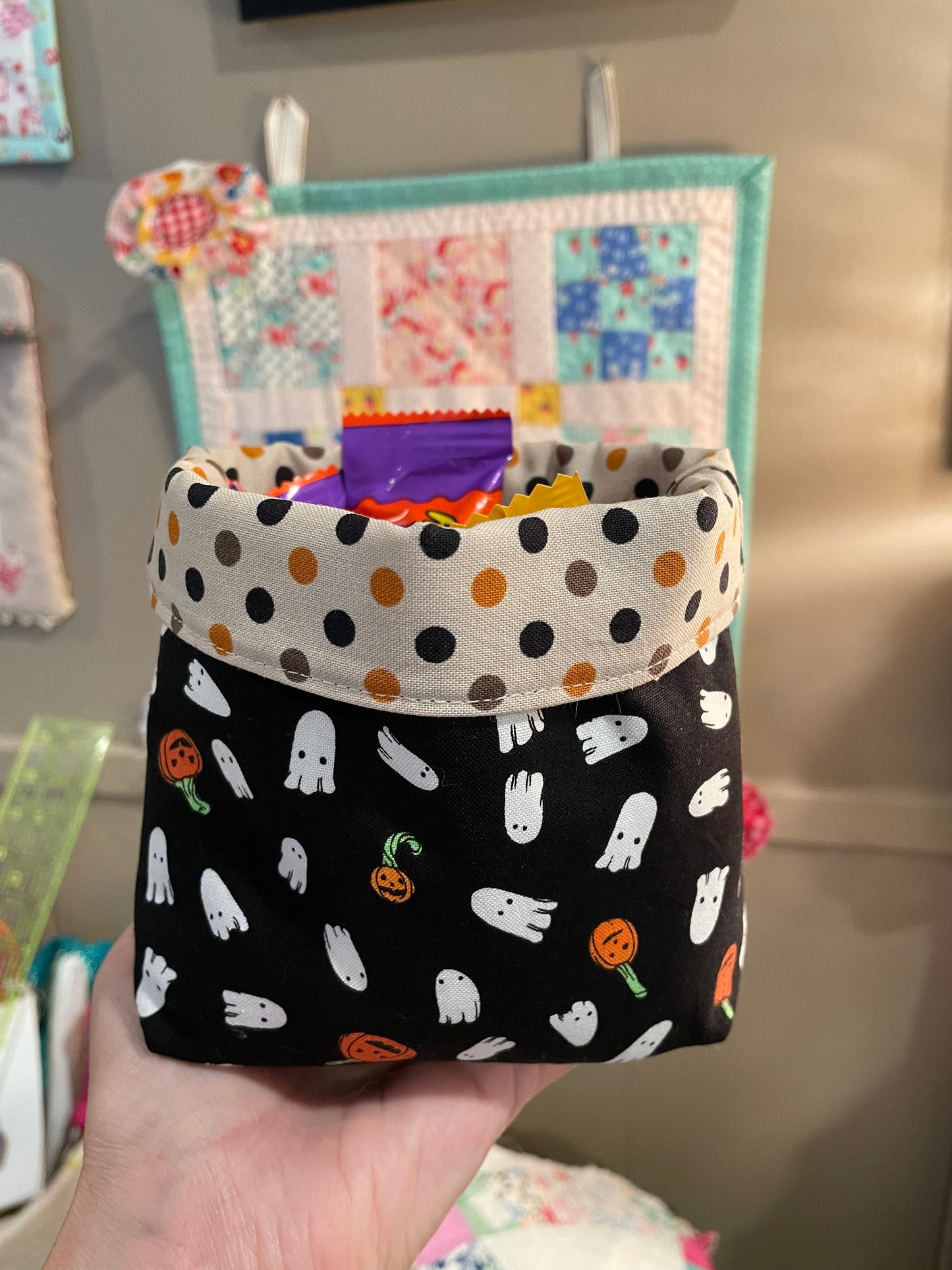 Halloween fabric bucket ghosts and pumpkins