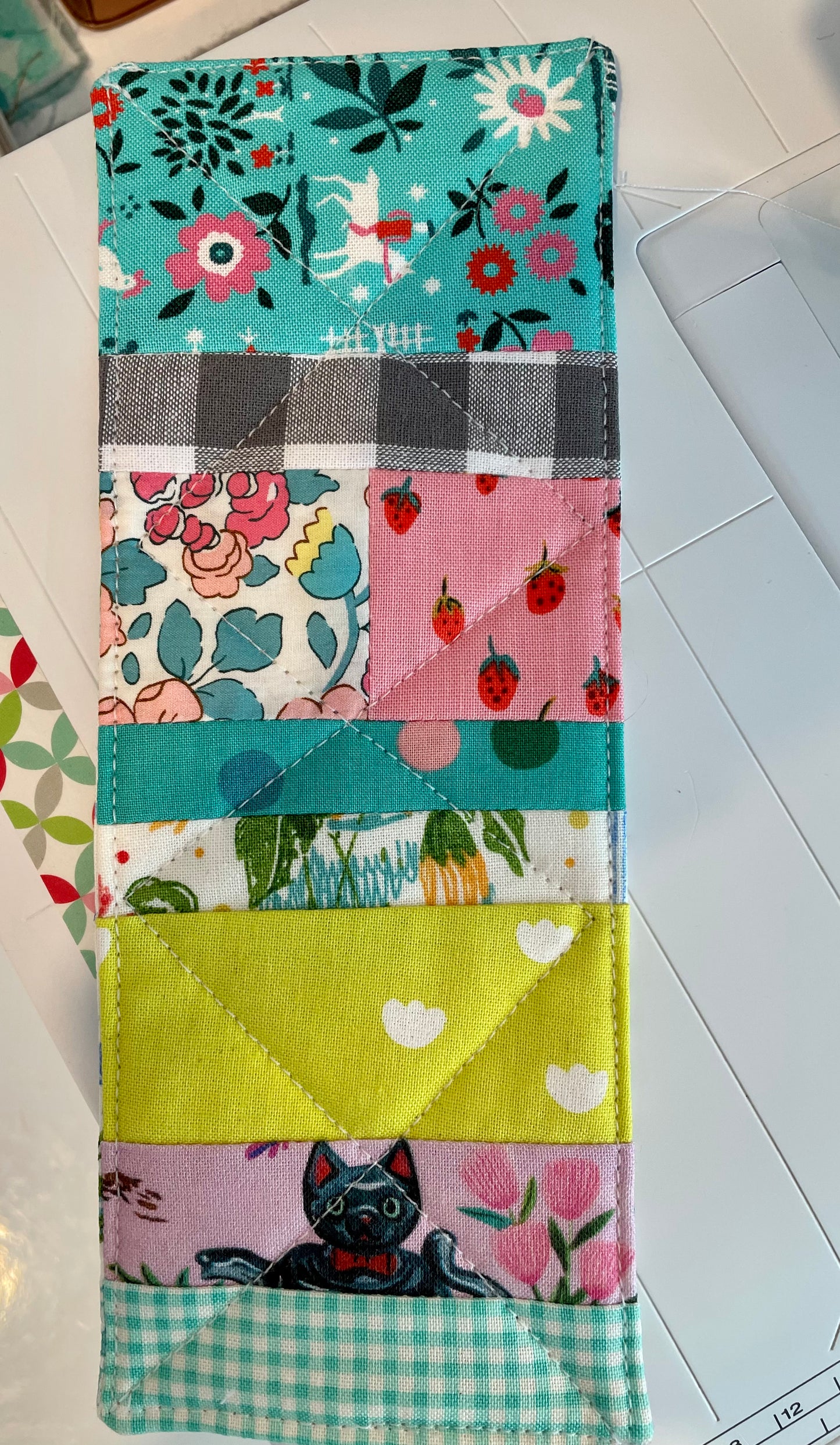 Quilted Black Cat and Strawberries Bookmark